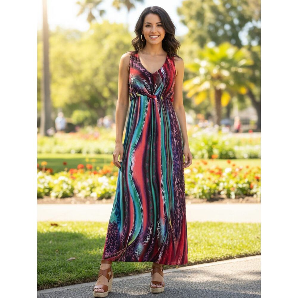 Kate Mallory Abstract & Leopard Print V-Neck Maxi Dress - Size M